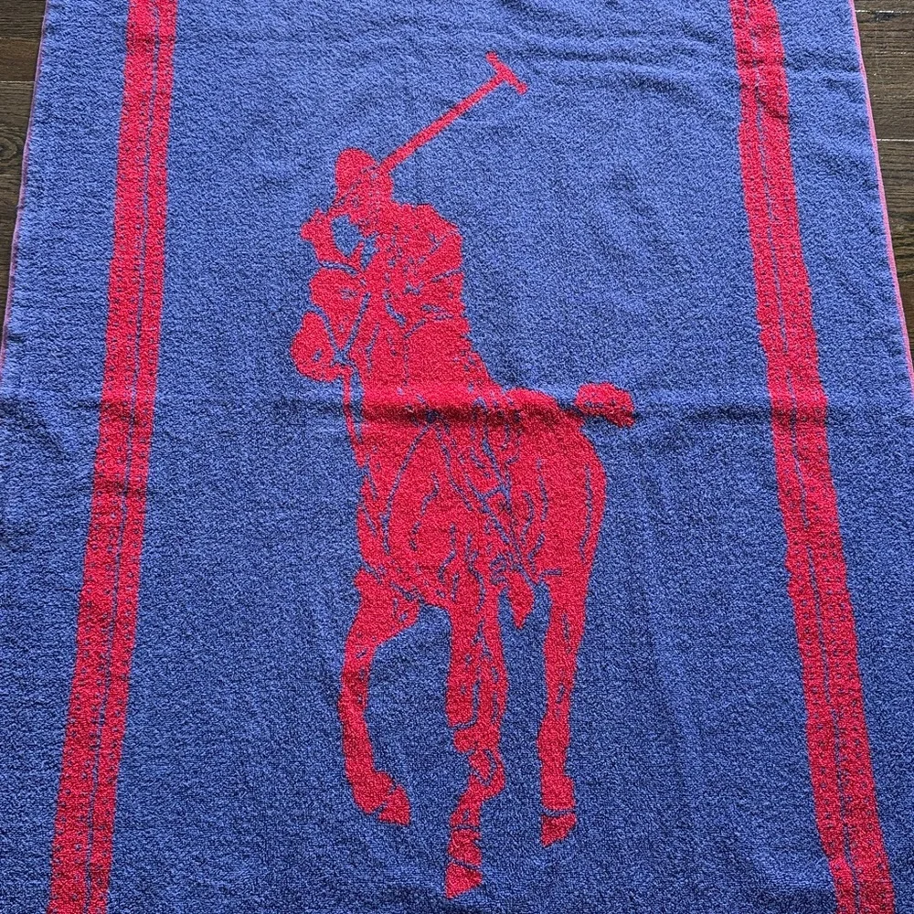 Ralph Lauren Vintage Polo Pony Blue & Red Equestrian Beach Towel - Made in USA